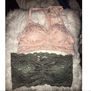 Green bandeau, pink bralette (lace)